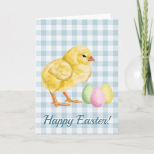 青を基調としたイースターの水彩ひよこ・エッグ柄 Happy Easter カード