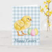 青を基調としたイースターの水彩ひよこ・エッグ柄 Happy Easter カード (黄色い花)