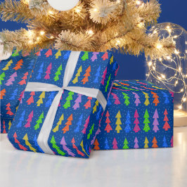 青を基調としたカラフルなクリスマスツリー ラッピングペーパー