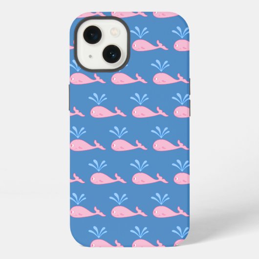 青を基調としたピンクのクジラ柄 iPhoneケース (裏面)