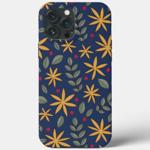 青を基調とした上品な黄色の花柄 iPhone 13 PRO MAXケース