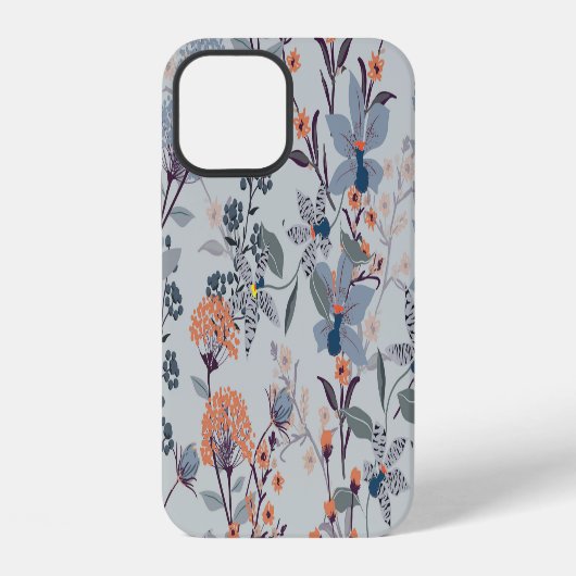青を基調とした植物学的な柄の野生の花 iPhoneケース (裏面)