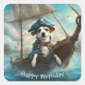 青を基調とした海の船上の海賊犬 誕生日 スクエアシール (正面)