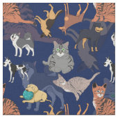 青を基調とした猫と犬のデザイン  ファブリック (クローズアップ)