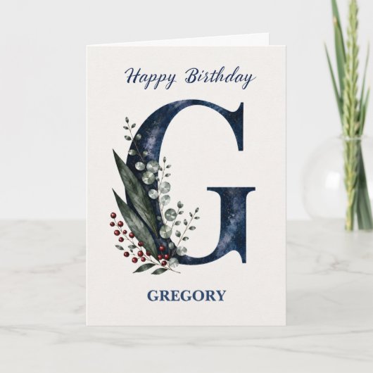 青を基調とした男性のためのGの文字の誕生日ギフト 名前入り カード (正面)