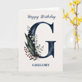 青を基調とした男性のためのGの文字の誕生日ギフト 名前入り カード (黄色い花)