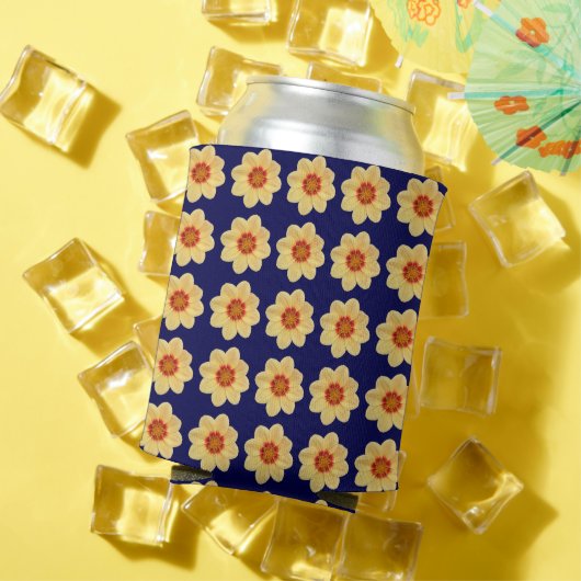青を基調とした黄色いダリアの花柄 缶クーラー (インサイチュ 夏)
