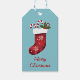 青を背景にした赤いクリスマスブーツ - メリークリスマス ギフトタグ