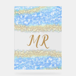 青アゲイト金ゴールドグリッタースパークルモノグラム名文字 アクリルサイン