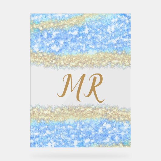 青アゲイト金ゴールドグリッタースパークルモノグラム名文字 アクリルサイン (正面)