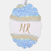 青アゲイト金ゴールドグリッタースパークルモノグラム名文字 オーナメントカード (左)