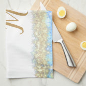 青アゲイト金ゴールドグリッタースパークルモノグラム名文字 キッチンタオル (四つ折り)