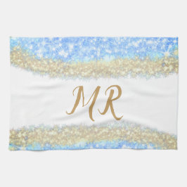 青アゲイト金ゴールドグリッタースパークルモノグラム名文字 キッチンタオル
