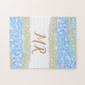 青アゲイト金ゴールドグリッタースパークルモノグラム名文字 ジグソーパズル (横)