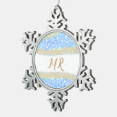 青アゲイト金ゴールドグリッタースパークルモノグラム名文字 スノーフレークピューターオーナメント (右)