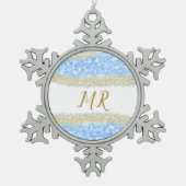 青アゲイト金ゴールドグリッタースパークルモノグラム名文字 スノーフレークピューターオーナメント (正面)