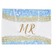 青アゲイト金ゴールドグリッタースパークルモノグラム名文字 ラージペーパーバッグ (裏面)