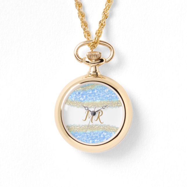 青アゲイト金ゴールドグリッタースパークルモノグラム名文字 腕時計 (正面)