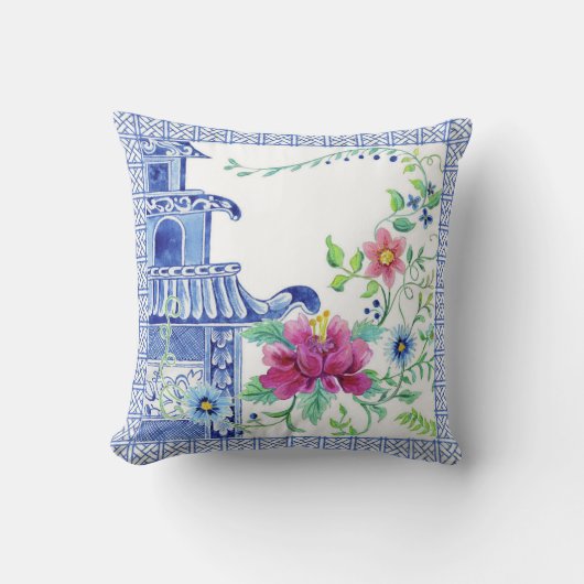 青アジア影響中国のフローラ塔 クッション (正面)