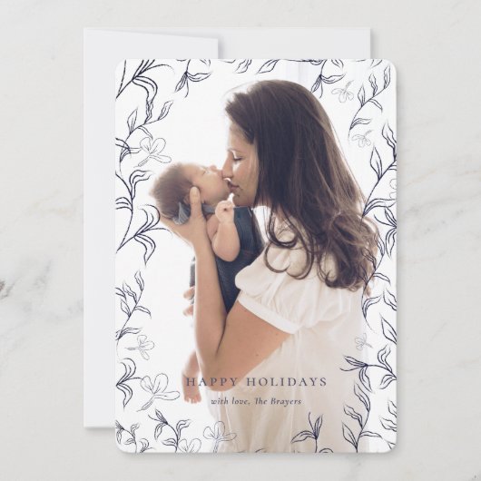 青アートいスケッチされた葉のフレームフォト シーズンカード (正面)