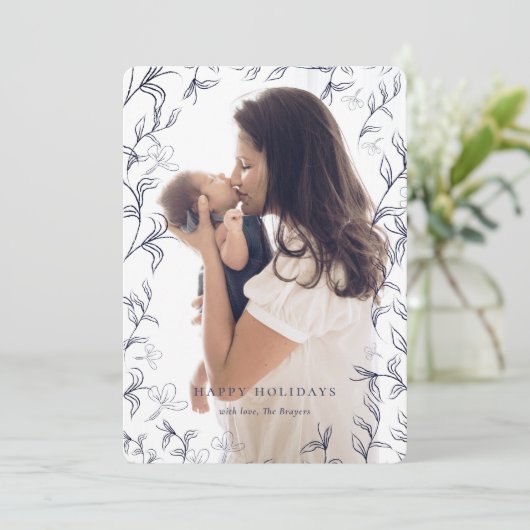 青アートいスケッチされた葉のフレームフォト シーズンカード (スタンド正面)