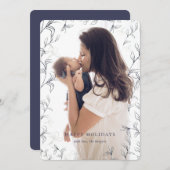 青アートいスケッチされた葉のフレームフォト シーズンカード (正面/裏面)