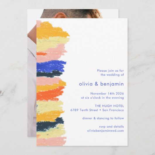 青アート抽象芸術アユニークートフォ結婚ト 招待状 (正面/裏面)