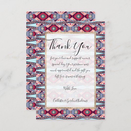 青アート色ピンク赤先住民アステカパターン サンキューカード (正面/裏面)
