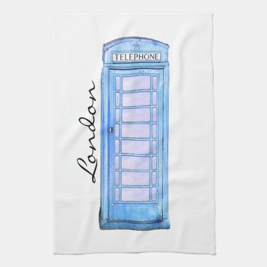 青イギリスの公衆電話ボックス-茶タオル キッチンタオル (縦)