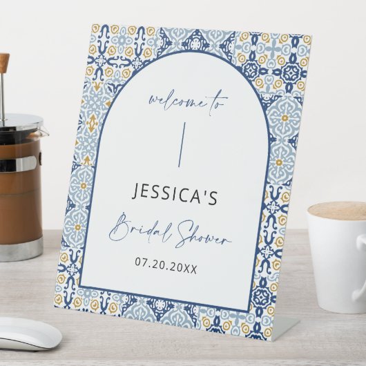 青イタリアンいタイルの地中海のウェルカムサイン 台座サイン (インサイチュ)