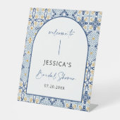 青イタリアンいタイルの地中海のウェルカムサイン 台座サイン (正面)