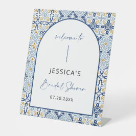 青イタリアンいタイルの地中海のウェルカムサイン 台座サイン