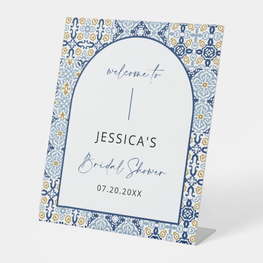 青イタリアンいタイルの地中海のウェルカムサイン 台座サイン (正面)