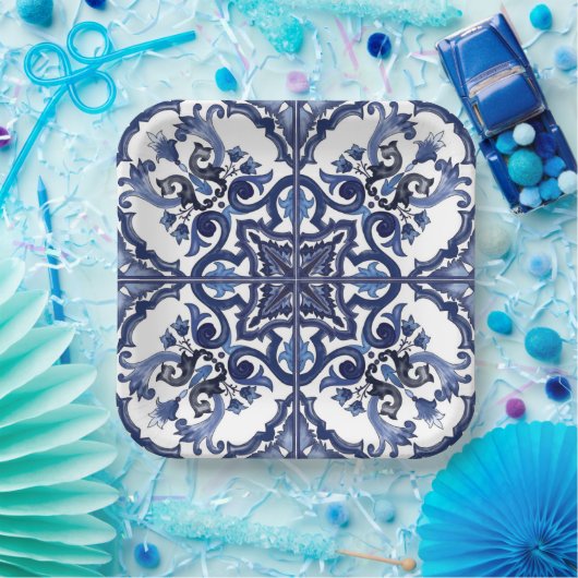 青イタリアンと白シチリアマジョリカモザイク ペーパープレート (パーティー)