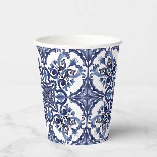 青イタリアンと白シチリアマジョリカモザイク 紙コップ (正面)