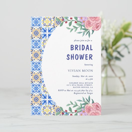 青イタリアンタイル地中海のブライダルシャワー 招待状 (スタンド正面)