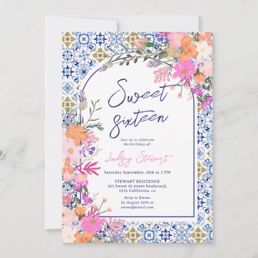 青イタリアンタイル水の色フローラ甘い16 招待状 (正面)