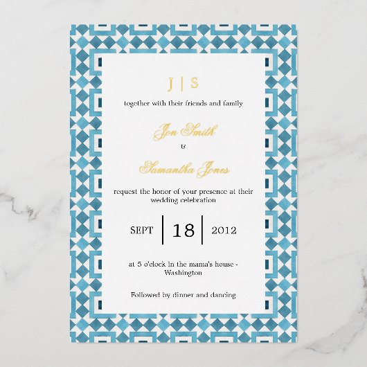 青イタリアン地中海の瓦 箔招待状 (正面)