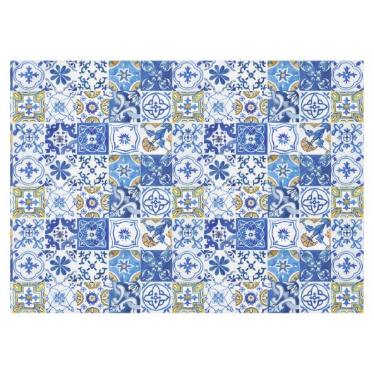 青イタリアン地中海の、白、黄色のパターン テーブルクロス (正面(横))