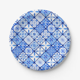 青イタリアン瓦と白のタイル誕生日パーティー ペーパープレート