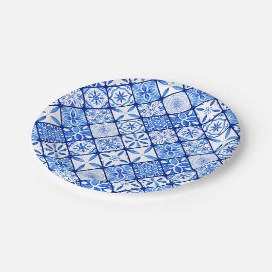 青イタリアン瓦と白のタイル誕生日パーティー ペーパープレート (アングル)