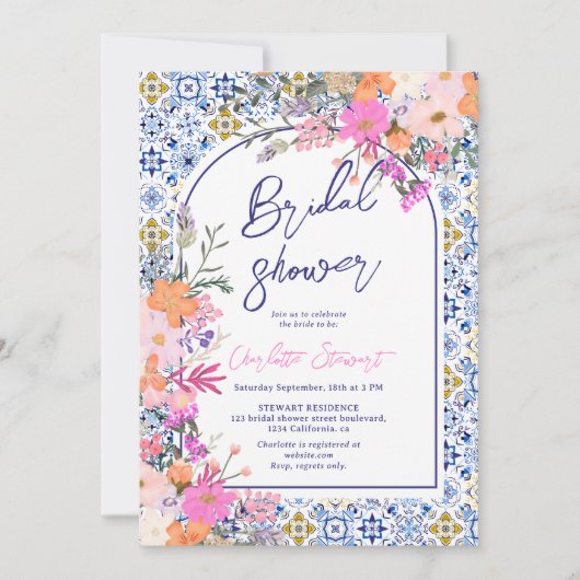 青イタリアン瓦の水色フローラブライダルシャワー 招待状 (正面)