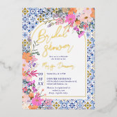 青イタリアン瓦の水色フローラブライダルシャワー 箔招待状 (正面)