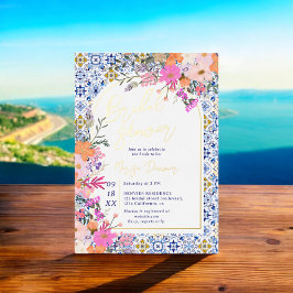 青イタリアン瓦の水色フローラブライダルシャワー 箔招待状