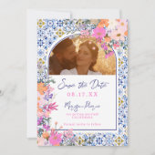 青イタリアン瓦の水色フローラ結婚 セーブザデート (正面)