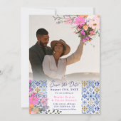 青イタリアン瓦の水色フローラ結婚 セーブザデート (裏面)