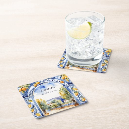 青イタリアン瓦アーチレモンブライダルシャワー スクエアペーパーコースター (インサイチュ)