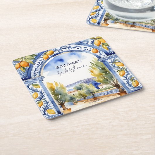 青イタリアン瓦アーチレモンブライダルシャワー スクエアペーパーコースター (アングル)