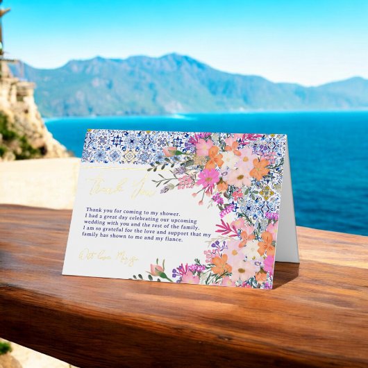 青イタリアン瓦ワイルドフラワーブライダルシャワー 箔グリーティングカード