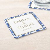 青イタリアン白コースターパーソナライズされた スクエアペーパーコースター (アングル)
